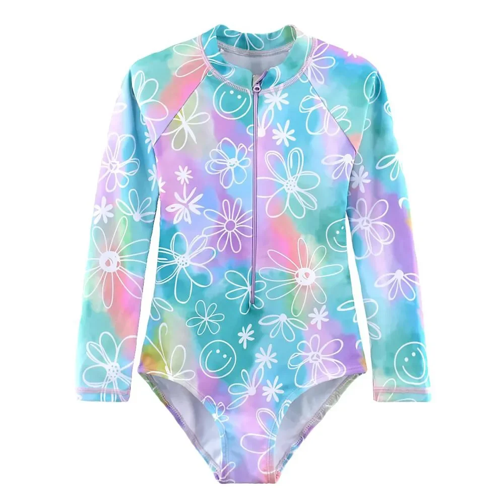 Girls Long Sleeve Swimsuit One Piece with Zip Closure UPF 50+ Rash Guard Size 12